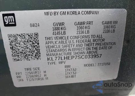 2025 Chevrolet Trax Fwd Lt z USA, uszkodzony, nr VIN KL77LHEP7SC033957